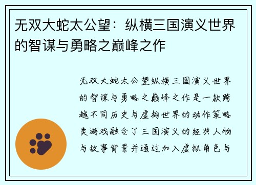 无双大蛇太公望：纵横三国演义世界的智谋与勇略之巅峰之作