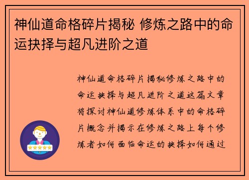 神仙道命格碎片揭秘 修炼之路中的命运抉择与超凡进阶之道